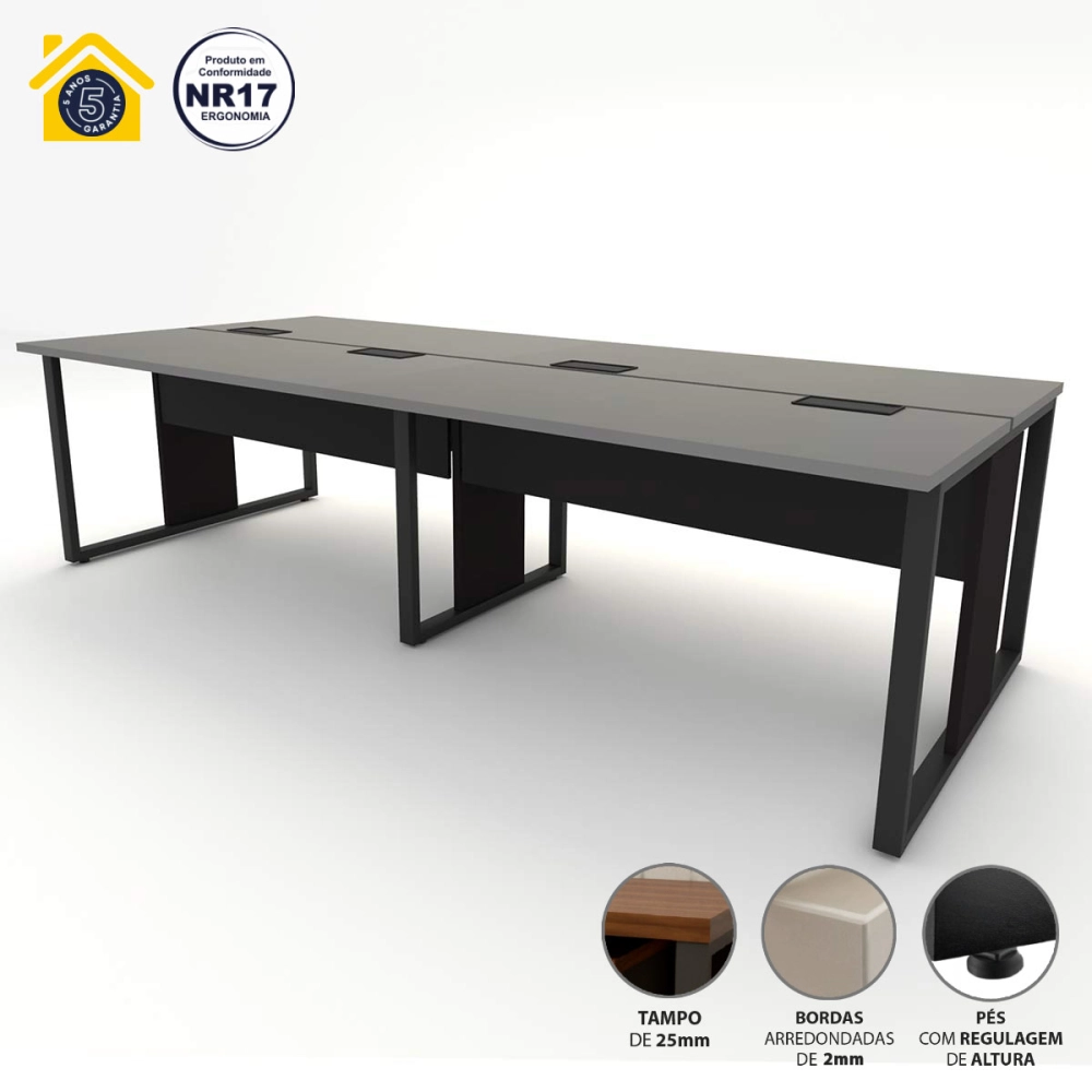 Mesa de Escritório Plataforma 4 Pessoas 2,70m CSP Pés Metal Cor:Cinza Sagrado com Preto