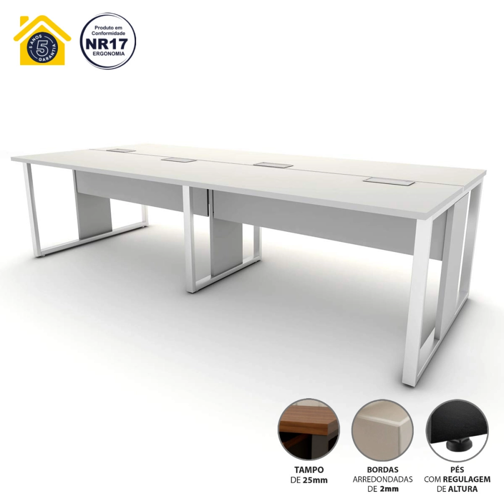 Mesa de Escritório Plataforma 4 Pessoas 2,70m CZ Pés Metal Cor:Cinza