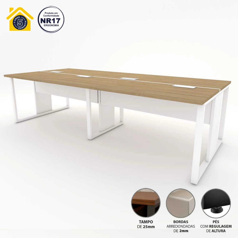 Mesa de Escritório Plataforma 4 Pessoas 2,70m MBR Pés Metal Cor:Macadâmia com Branco