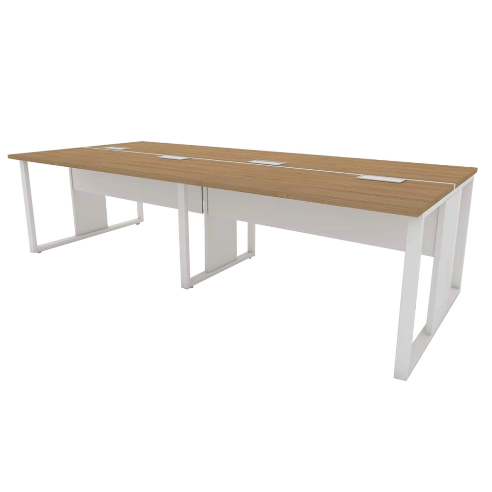 Mesa de Escritório Plataforma 4 Pessoas 2,70m MBR Pés Metal Cor:Macadâmia com Branco