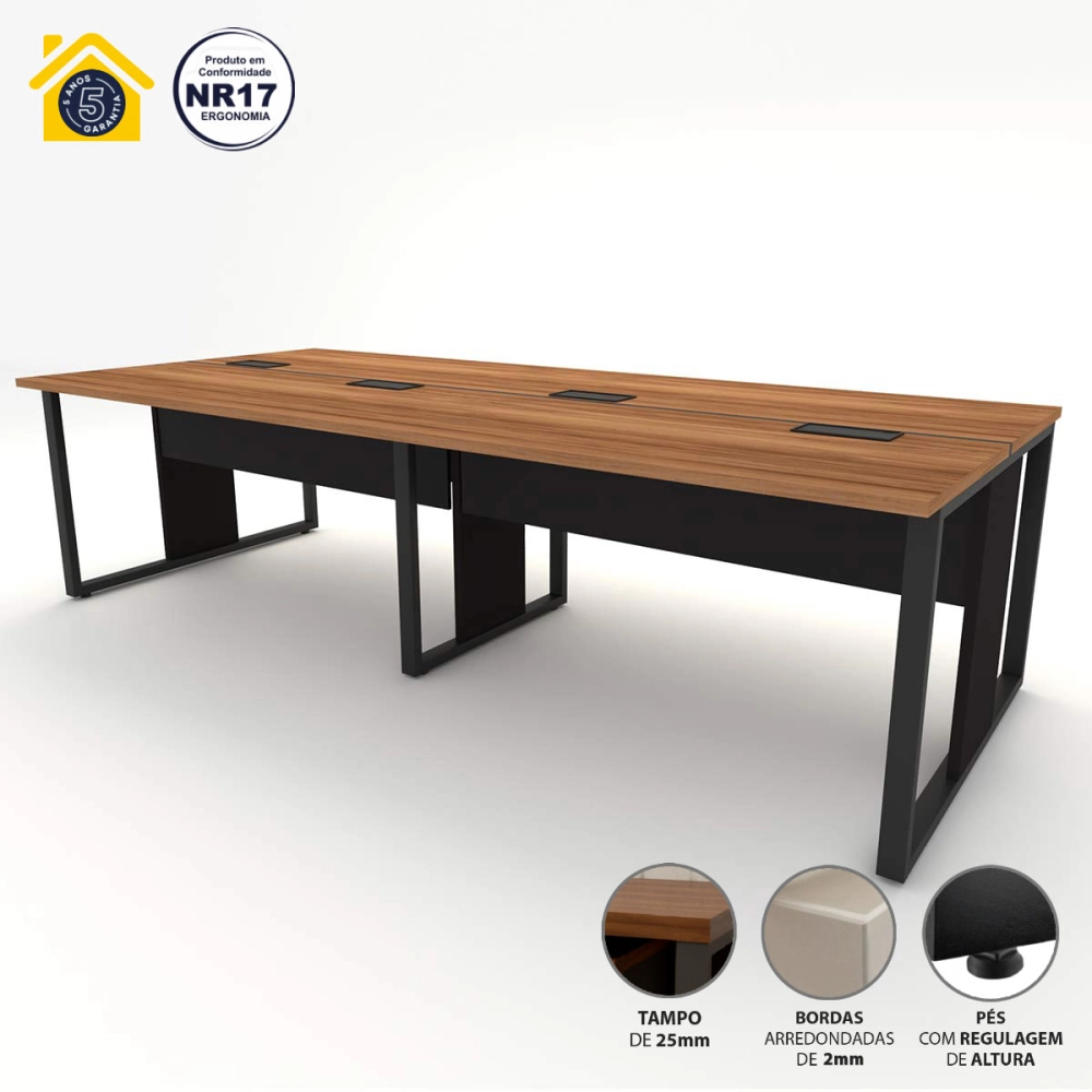 Mesa de Escritório Plataforma 4 Pessoas 2,70m Nog Pés Metal Cor:Nogal com Preto