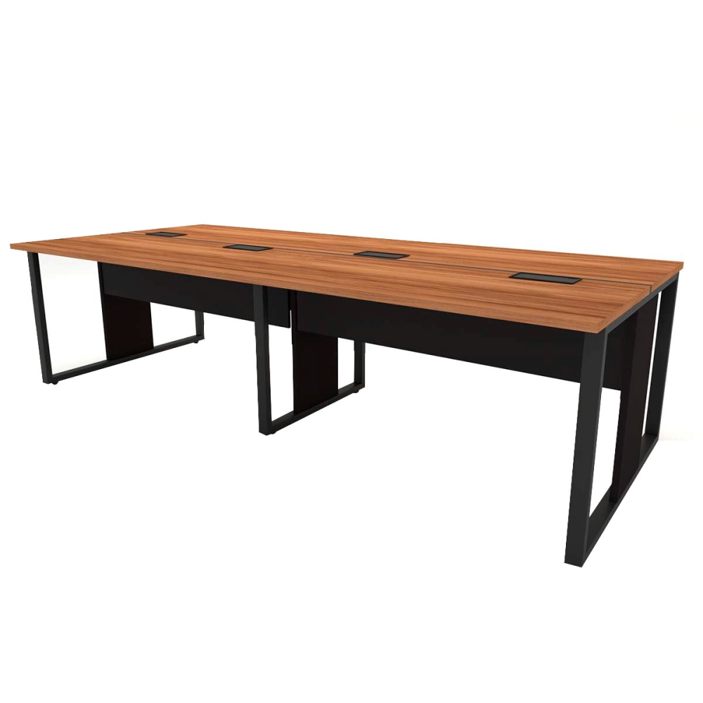 Mesa de Escritório Plataforma 4 Pessoas 2,70m Nog Pés Metal Cor:Nogal com Preto