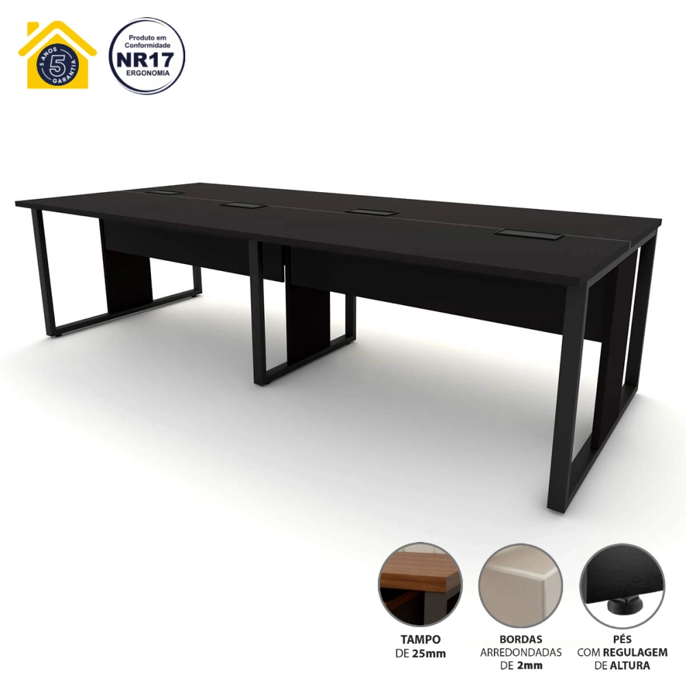 Mesa de Escritório Plataforma 4 Pessoas 2,70m Pre Pés Metal Cor:Preto