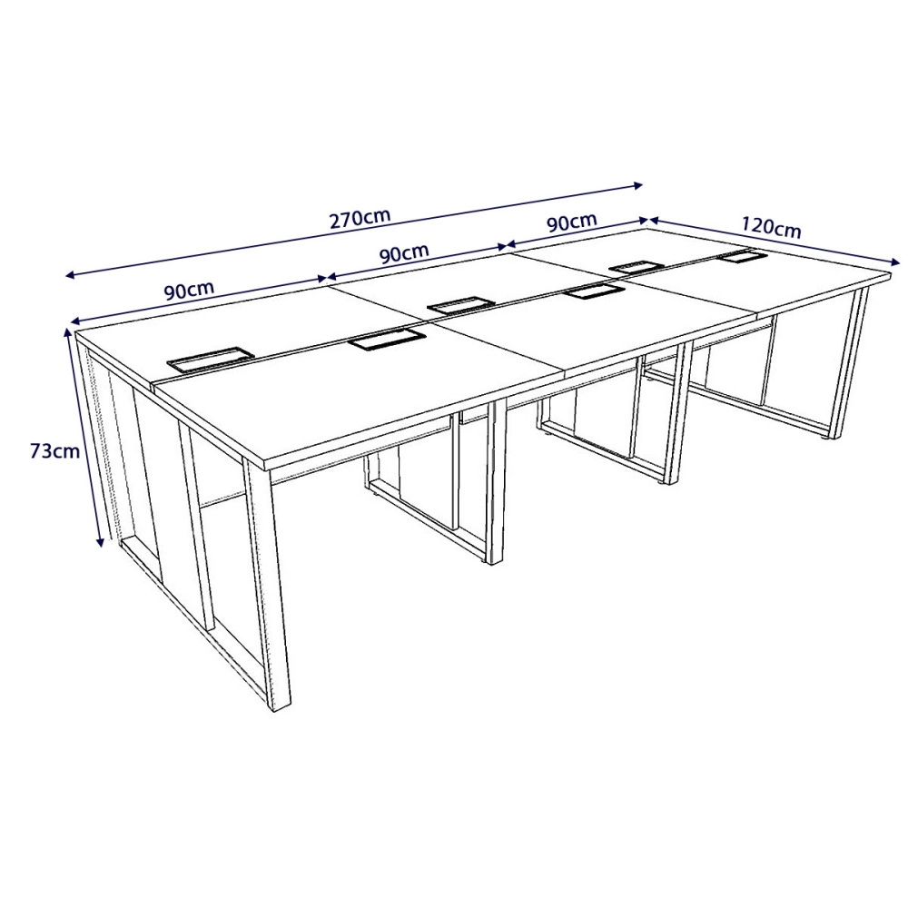 Mesa de Escritório Plataforma 6 Pessoas 2,70m CSP Pés Metal Cor:Cinza Sagrado com Preto