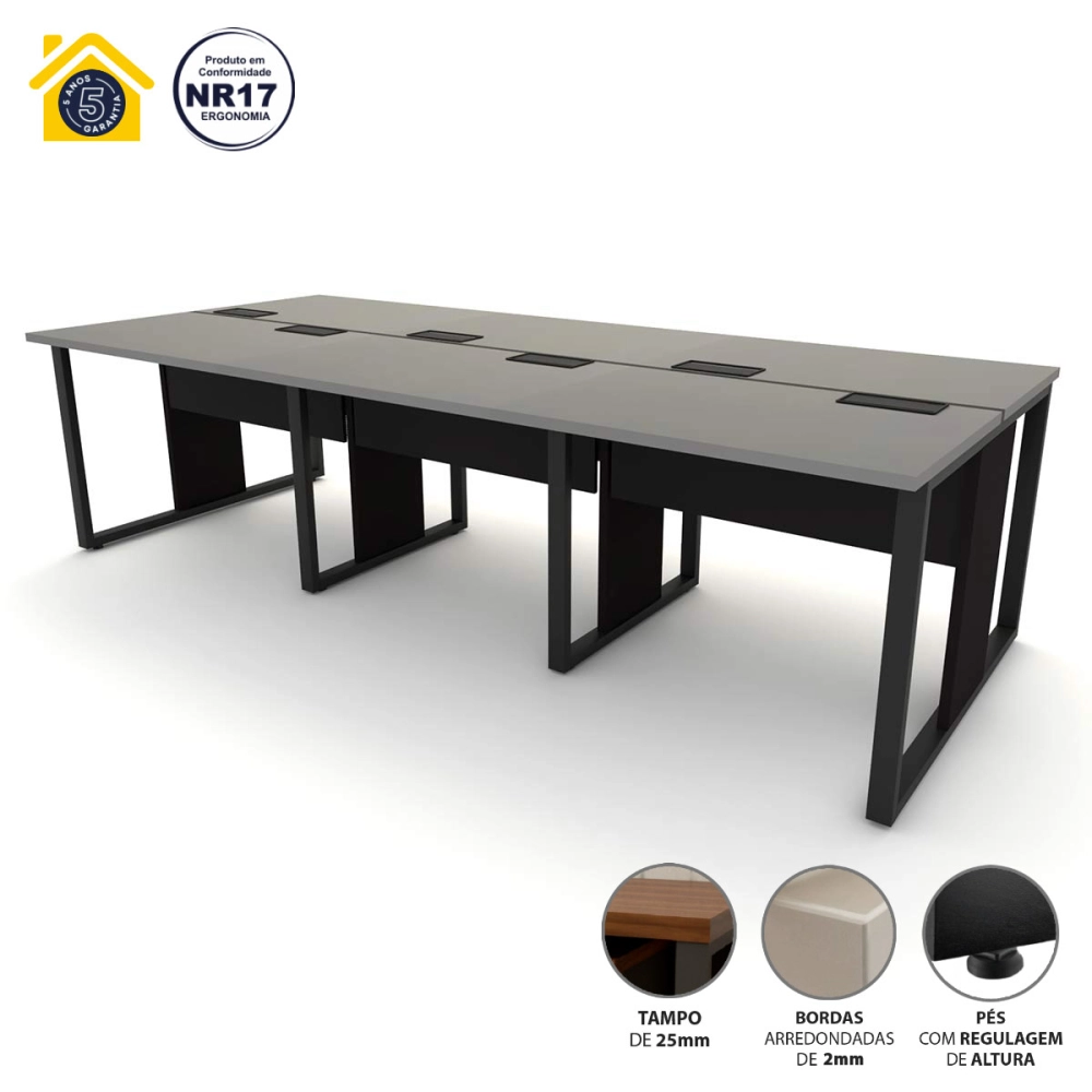 Mesa de Escritório Plataforma 6 Pessoas 2,70m CSP Pés Metal Cor:Cinza Sagrado com Preto