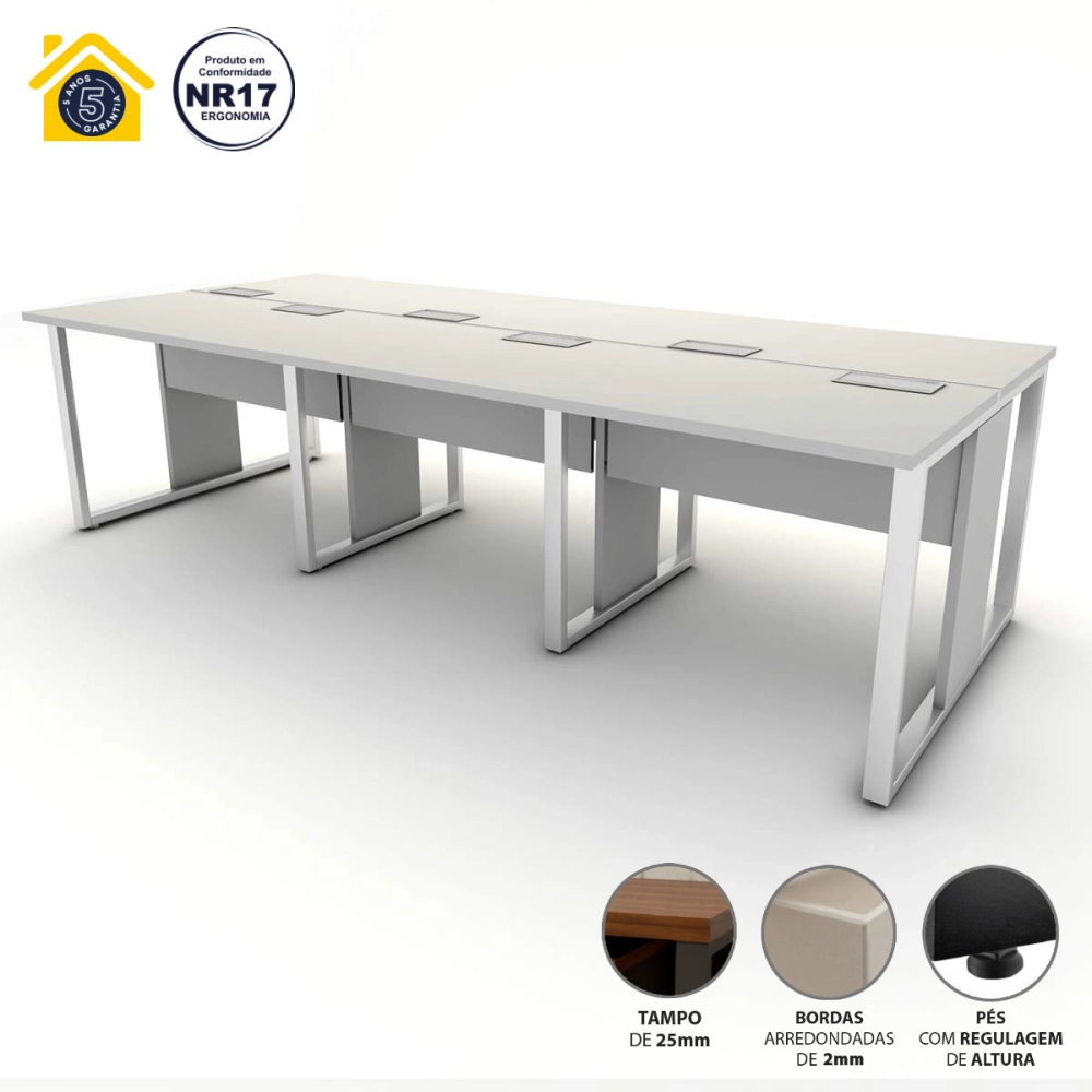 Mesa de Escritório Plataforma 6 Pessoas 2,70m CZ Pés Metal Cor:Cinza