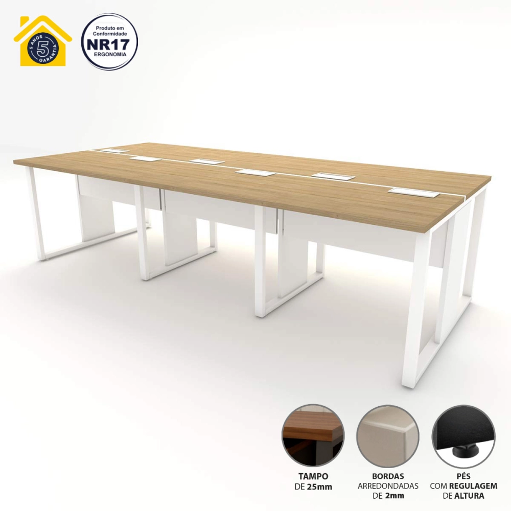 Mesa de Escritório Plataforma 6 Pessoas 2,70m MBR Pés Metal Cor:Macadâmia com Branco