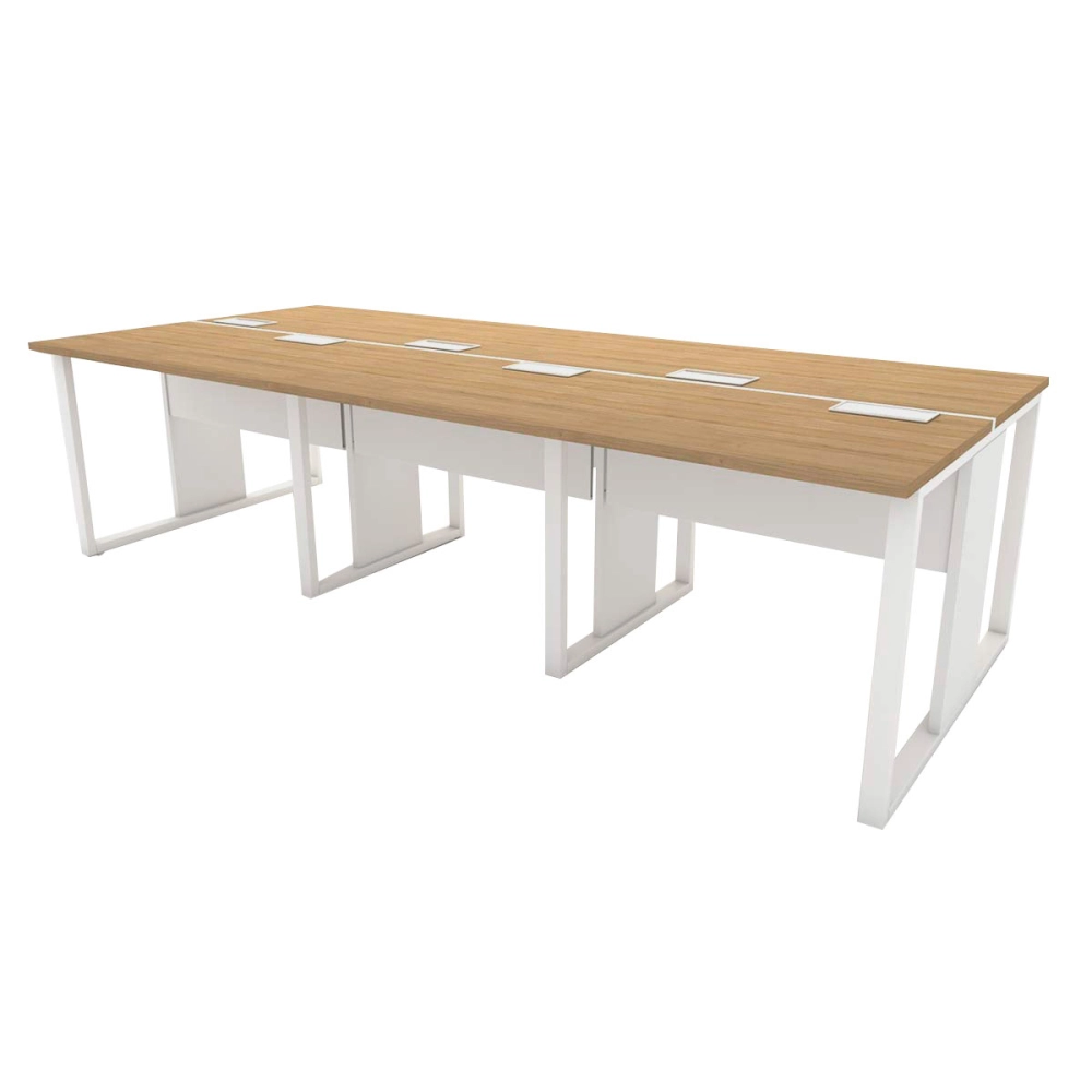 Mesa de Escritório Plataforma 6 Pessoas 2,70m MBR Pés Metal Cor:Macadâmia com Branco