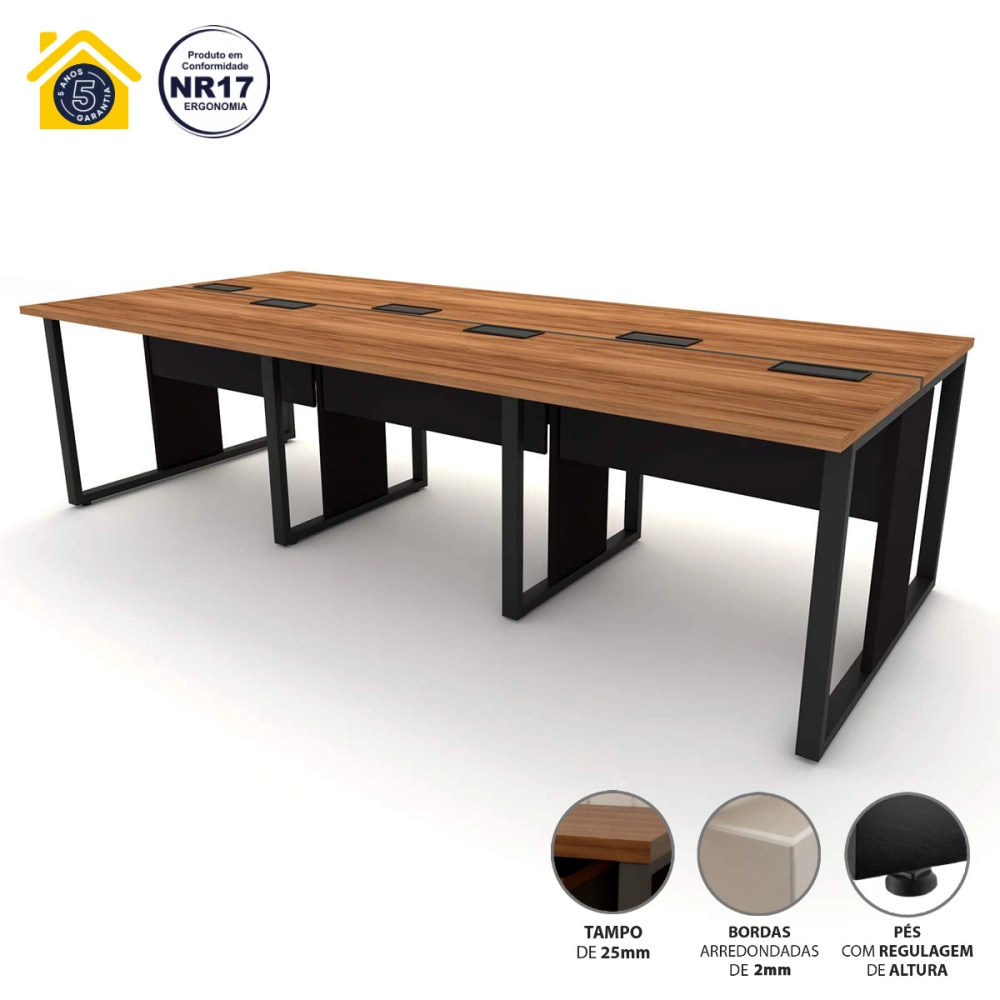 Mesa de Escritório Plataforma 6 Pessoas 2,70m Nog Pés Metal Cor:Nogal com Preto