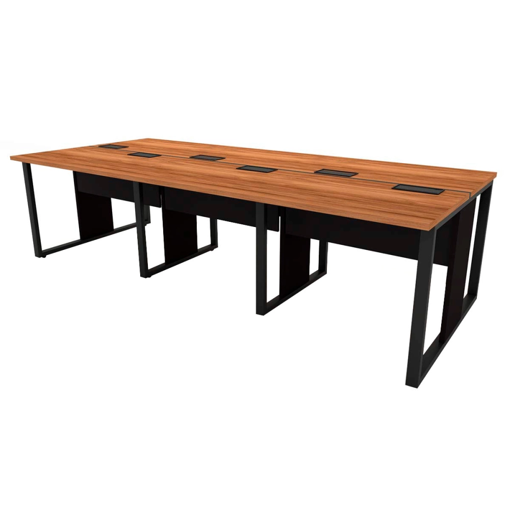 Mesa de Escritório Plataforma 6 Pessoas 2,70m Nog Pés Metal Cor:Nogal com Preto
