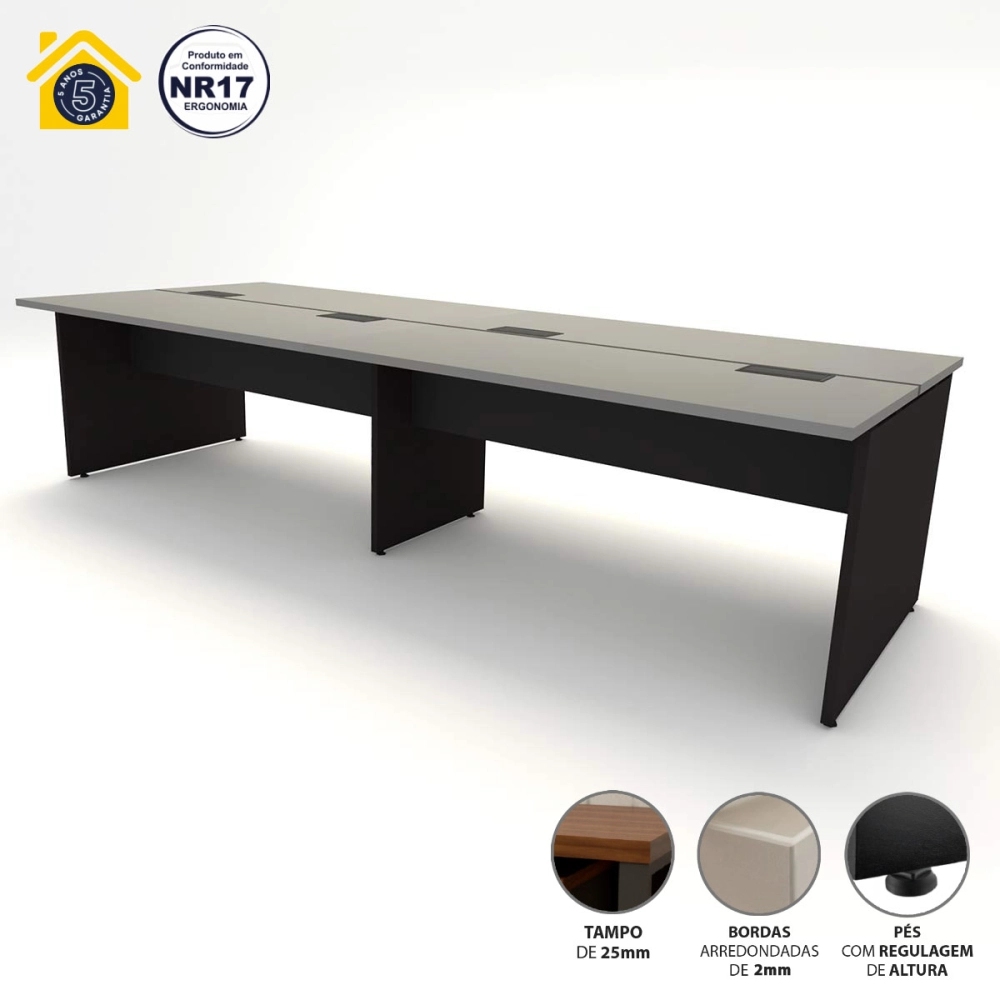 Mesa de Escritório Plataforma para 4 pessoas 3,00m CS Pre F5 Cor:Cinza Sagrado com Preto