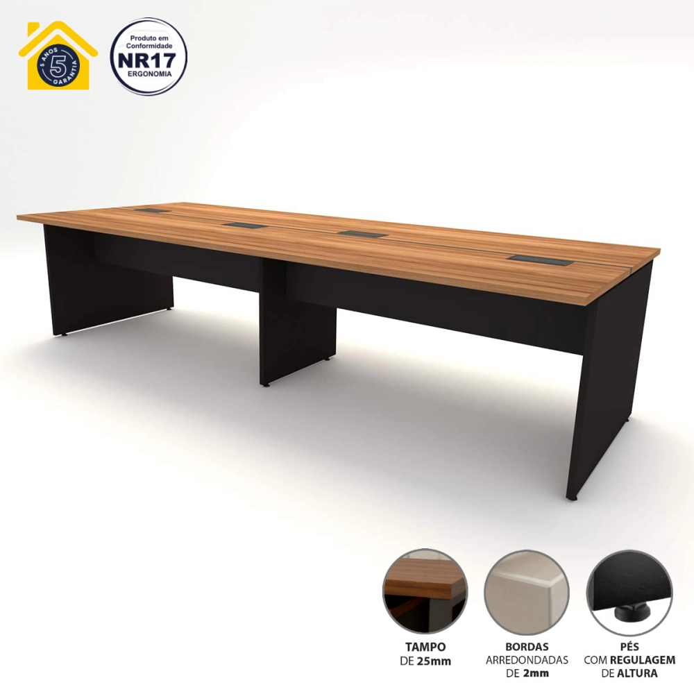 Mesa de Escritório Plataforma para 4 pessoas 3,00m Nogal F5 Cor:Nogal com Preto