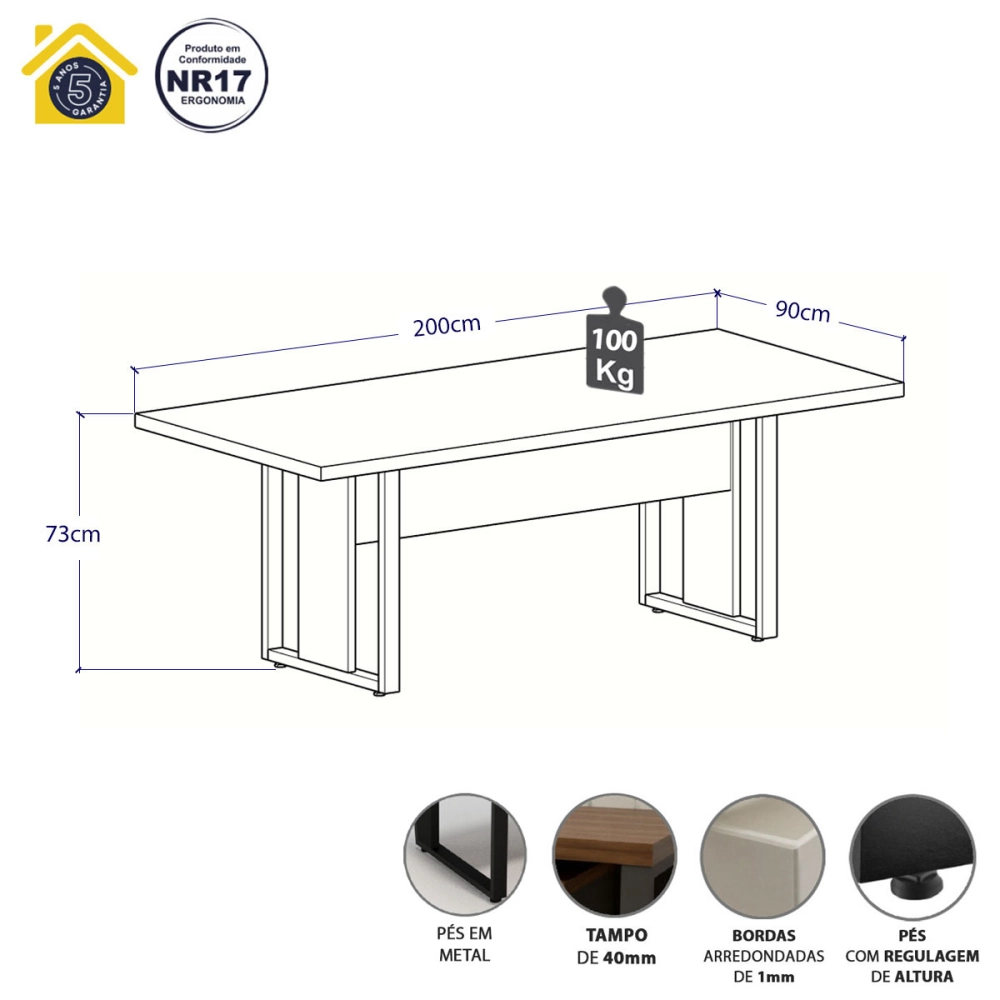 Mesa de Escritório Reunião 2,00m Pé Metal Quadro F5 Office Cor:Macadâmia com Branco