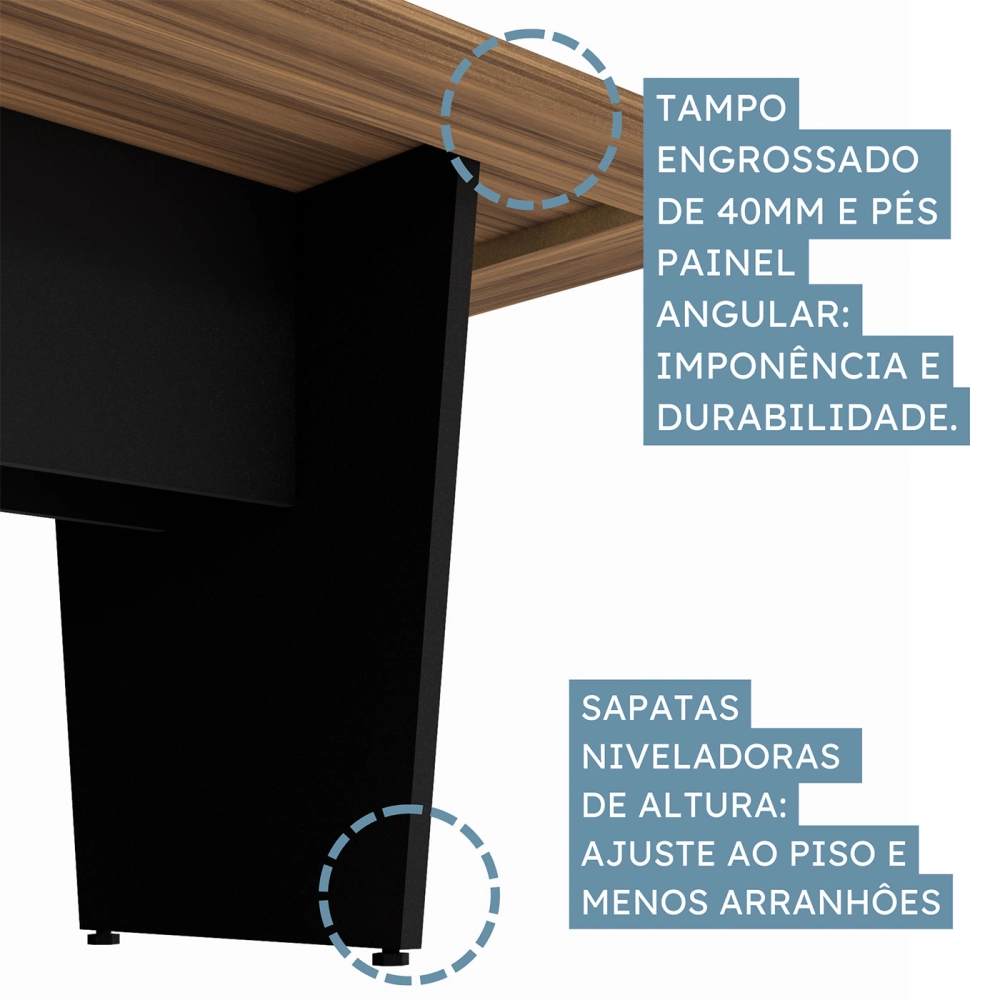 Mesa de Reunião 2,00m Pé Painel em V com 1C Tomada NG Pr F5 Cor:Nogal com Preto