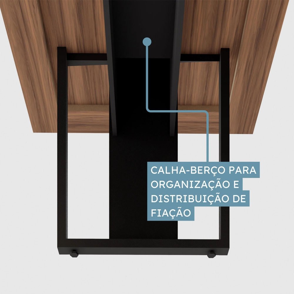 Mesa de Reunião 2,00m Pé Quadrado Metal 1C Tomada NG Pr F5 Cor:Nogal com Preto