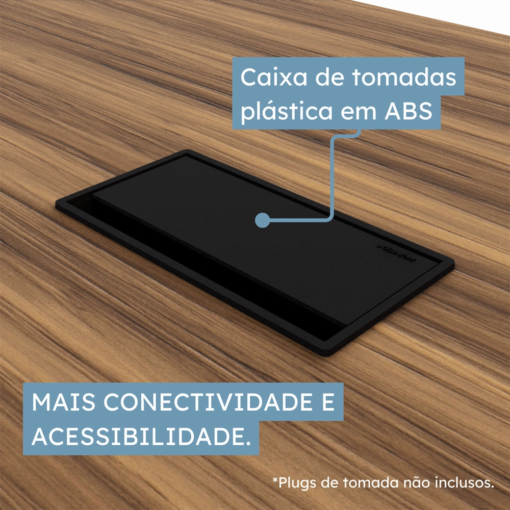 Mesa de Reunião 2,00m Pé Quadrado Metal 1C Tomada NG Pr F5 Cor:Nogal com Preto