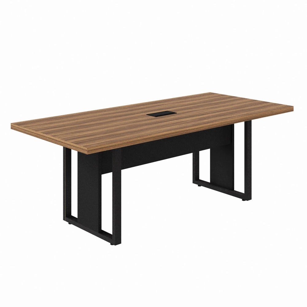 Mesa de Reunião 2,00m Pé Quadrado Metal 1C Tomada NG Pr F5 Cor:Nogal com Preto