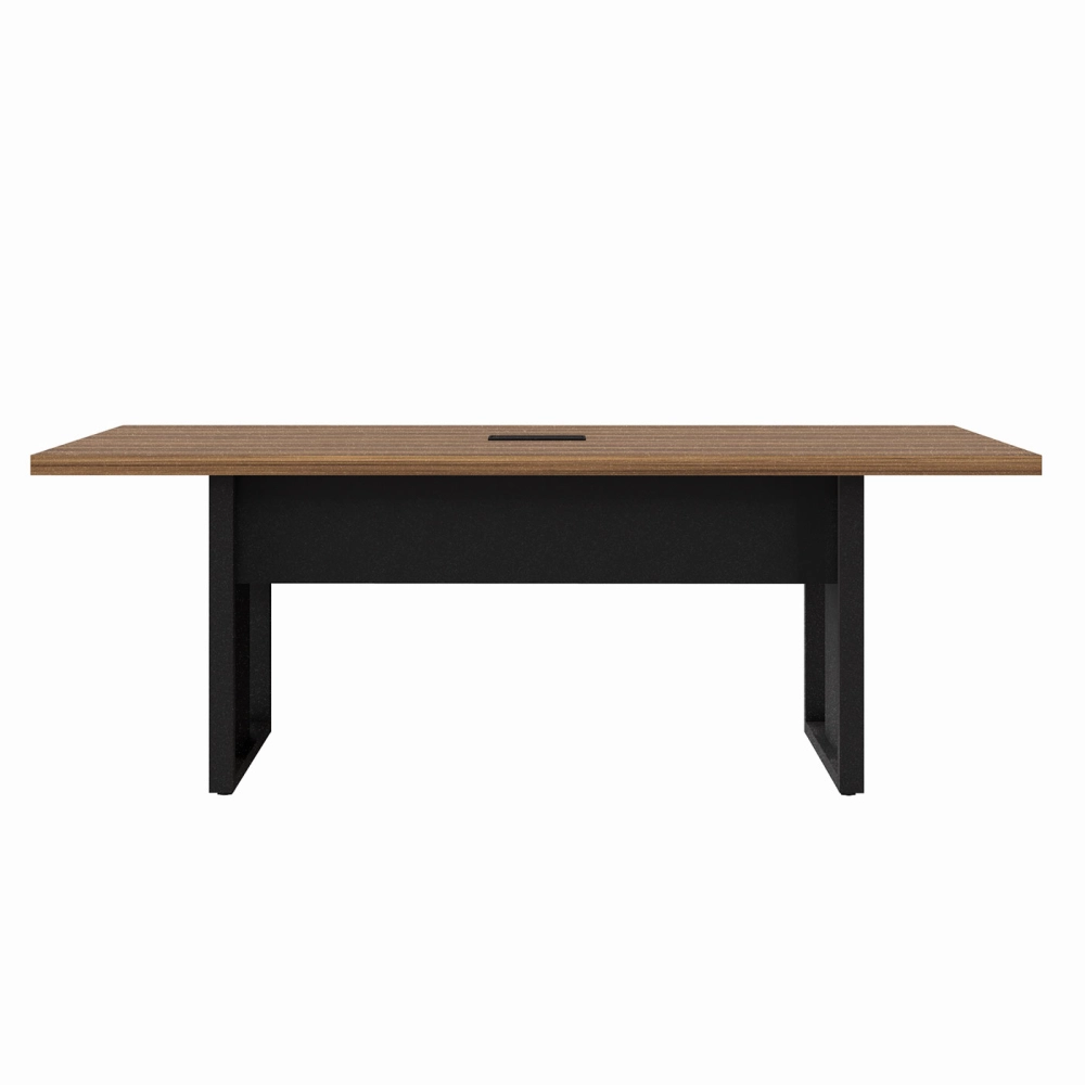 Mesa de Reunião 2,00m Pé Quadrado Metal 1C Tomada NG Pr F5 Cor:Nogal com Preto