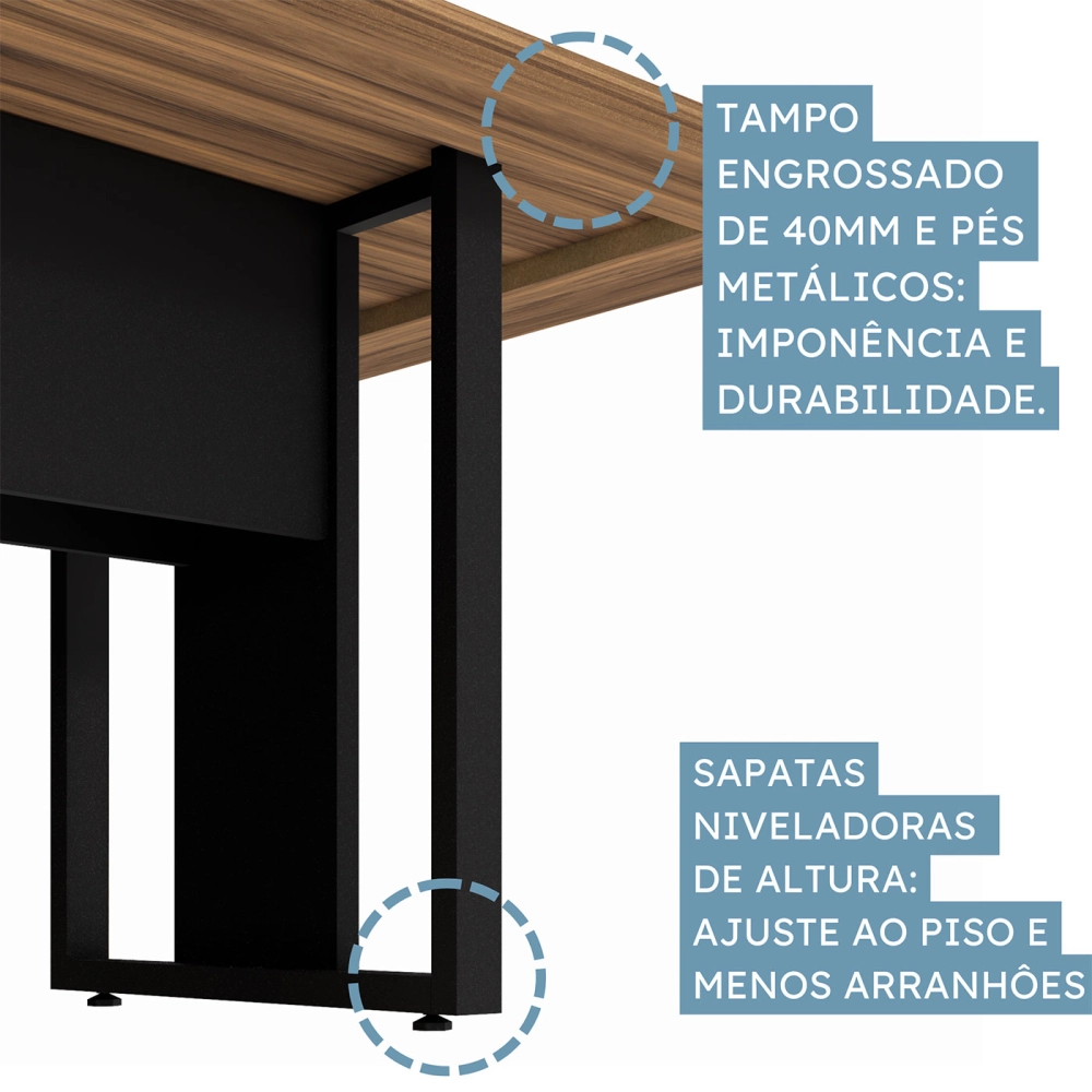 Mesa de Reunião 2,00m Pé Quadrado Metal 1C Tomada NG Pr F5 Cor:Nogal com Preto