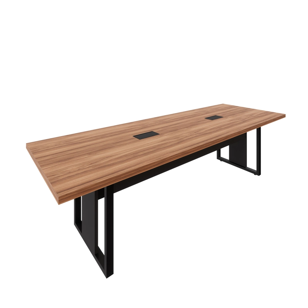 Mesa de Reunião 2,70m x 0,90m 2 CX de Tomadas Pés Metal F5 Cor:Nogal com Preto