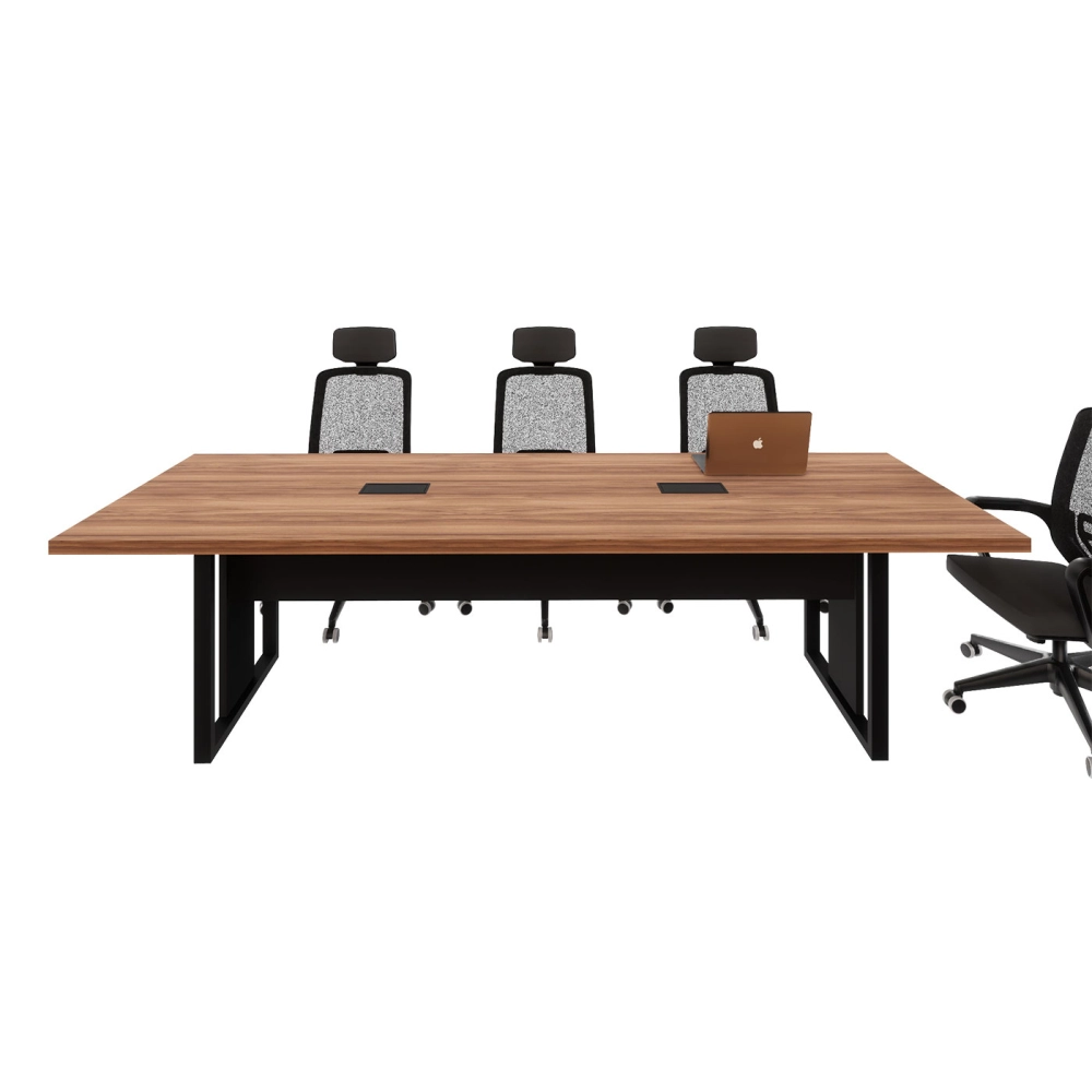 Mesa de Reunião 2,70m x 0,90m 2 CX de Tomadas Pés Metal F5 Cor:Nogal com Preto