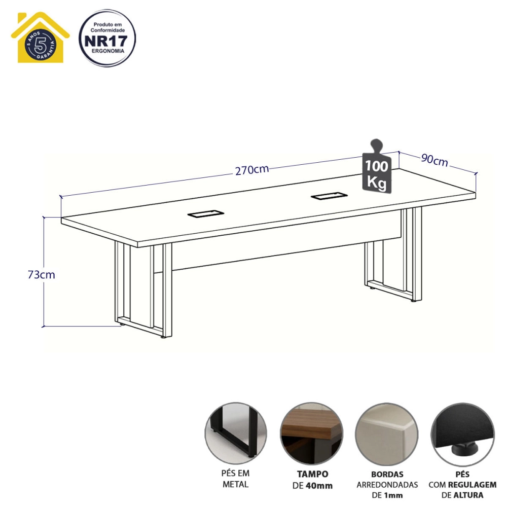 Mesa de Reunião 2,70m x 0,90m 2 CX de Tomadas Pés Metal F5 Cor:Nogal com Preto