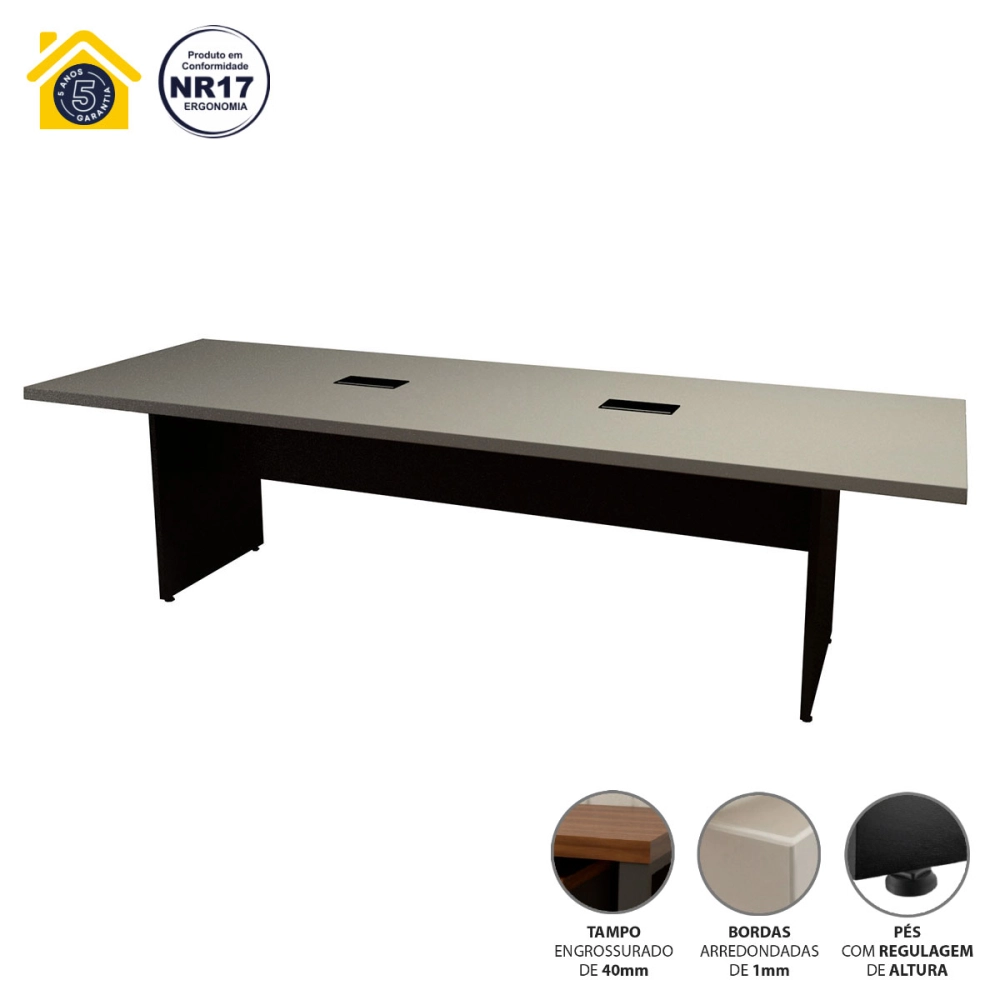 Mesa de Reunião 8 Pessoas 2,70m CS Pre 2 Caixas de Tomada F5 Cor:Cinza Sagrado com Preto