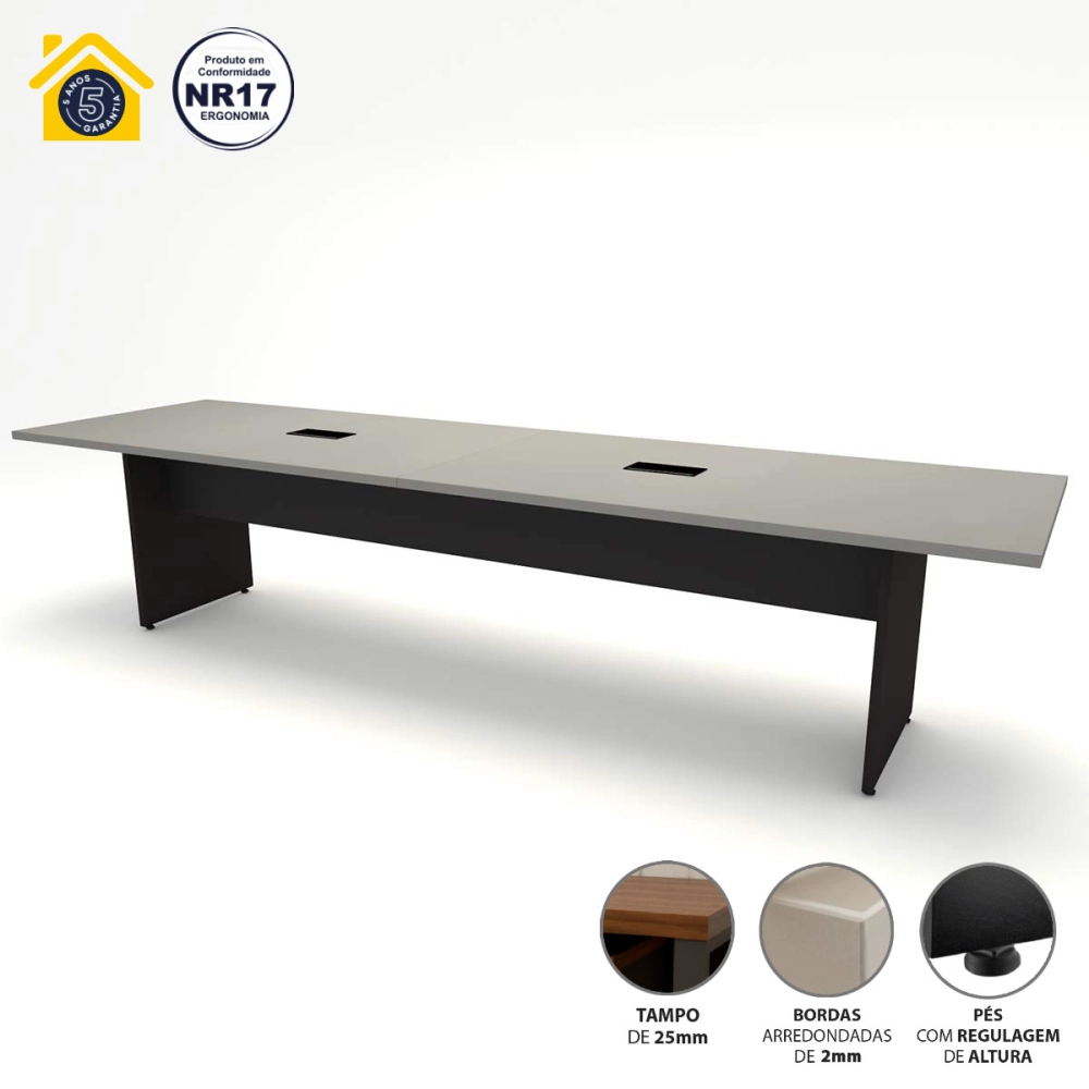 Mesa de Reunião CS Pre 3,80m x 1,10m 2 Caixas de Tomadas F5 Cor:Cinza Sagrado com Preto