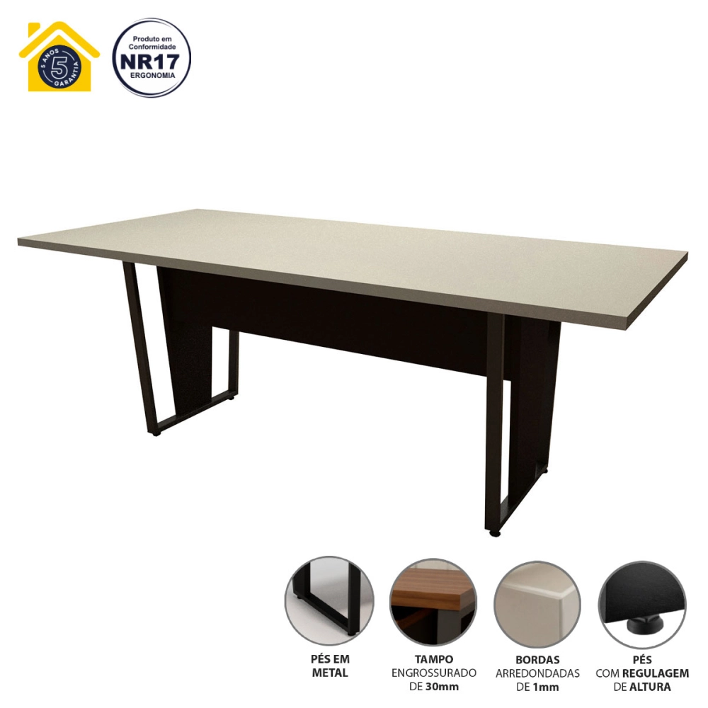 Mesa de Reunião Escritório Pés Metal CS Pre 200cm F5 Office Cor:Cinza Sagrado com Preto