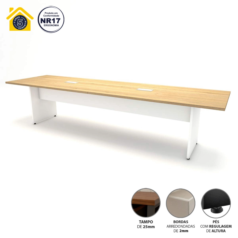 Mesa de Reunião Mac Branco 3,80m x 1,10m 2 Caixas Tomadas F5 Cor:Macadâmia com Branco