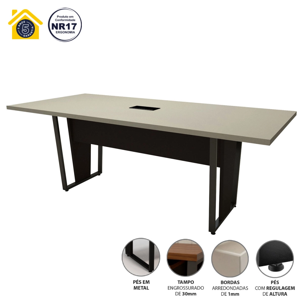 Mesa de Reunião Pés Metal 2m CS Pre Caixa de Tomadas F5 Cor:Cinza Sagrado com Preto