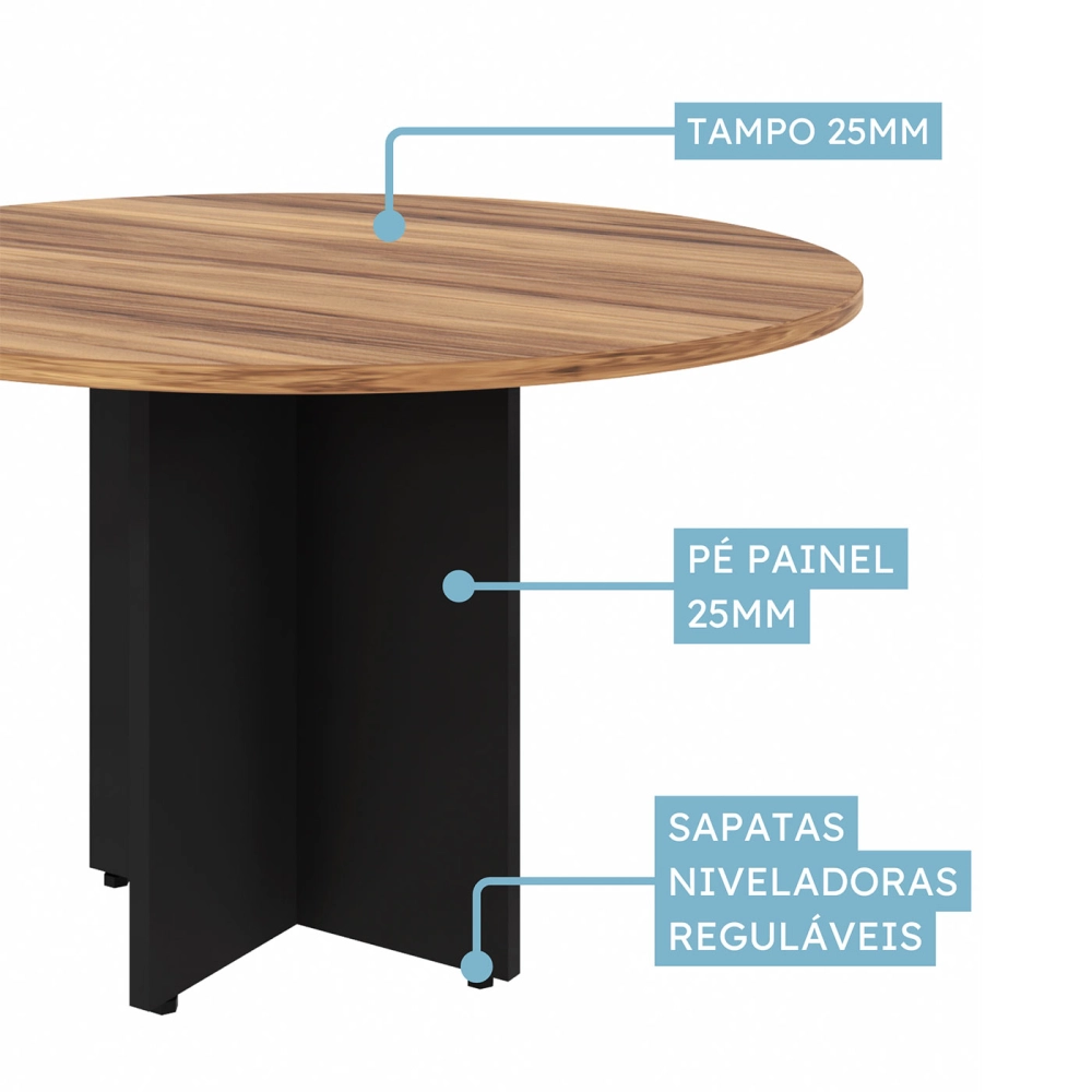 Mesa de Reunião Redonda 1,20m Pés Painel Nogal Pr F5 Office Cor:Nogal com Preto