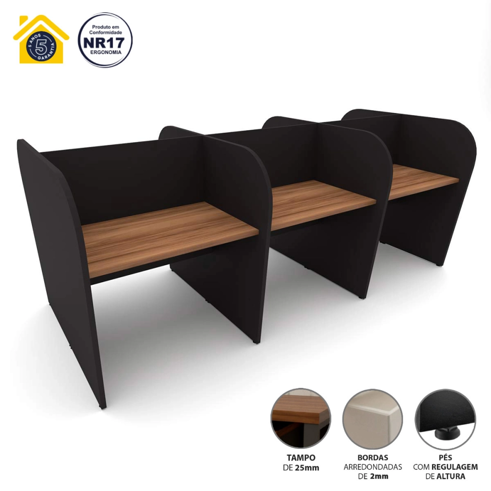 Mesa de Trabalho Atendimento para 6 Pessoas 2,80m Nogal F5 Cor:Nogal com Preto