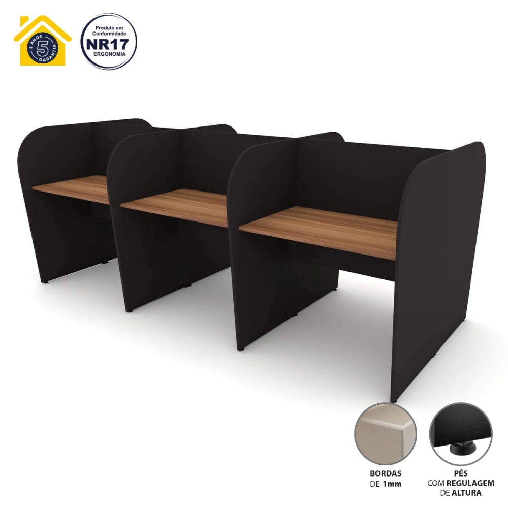 Mesa de Trabalho Call Center para 6 Pessoas 2,77m Nogal F5 Cor:Nogal com Preto