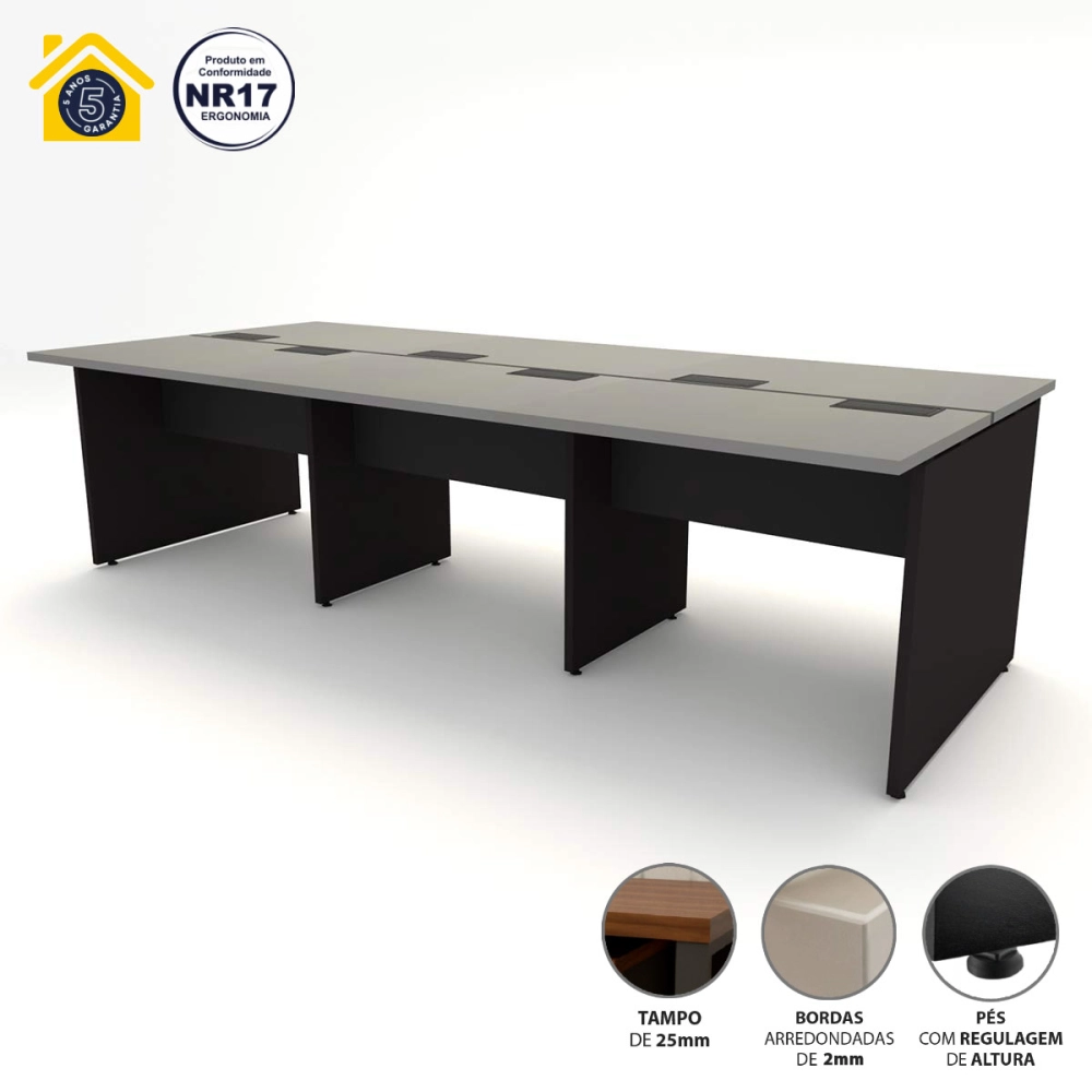 Mesa de Trabalho Escritório para 6 pessoas 2,70m CS Pre F5 Cor:Cinza Sagrado com Preto