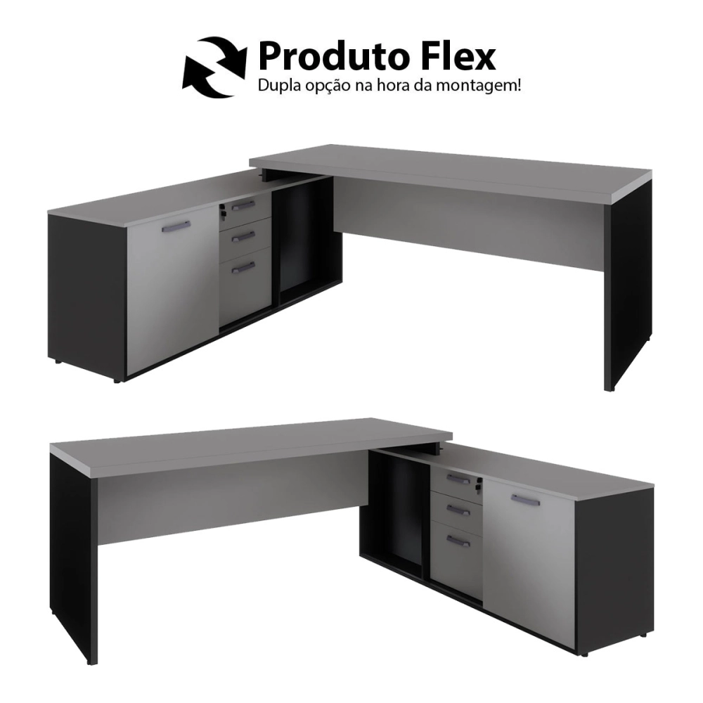 Mesa Dinâmica 1,50m c/ Armário e Cx de Tomadas Pés Painel F5 Cor:Cinza Sagrado com Preto