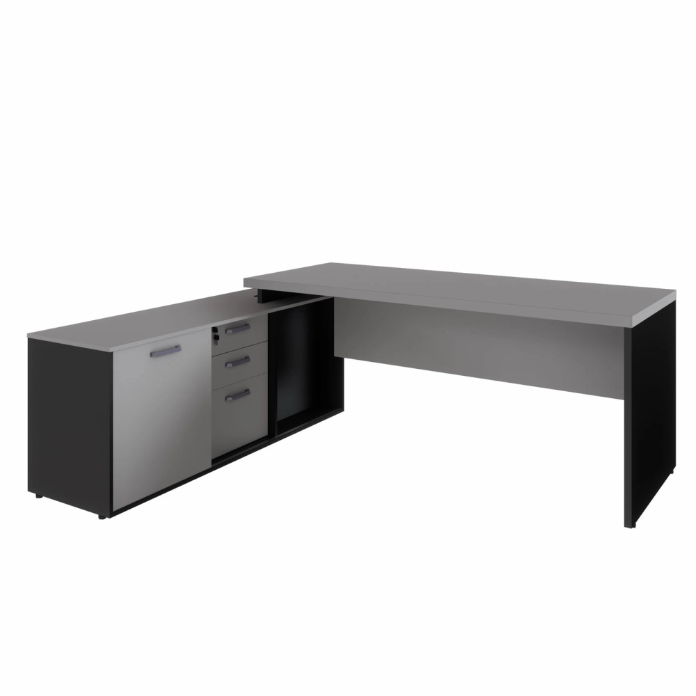 Mesa Dinâmica 1,50m c/ Armário e Cx de Tomadas Pés Painel F5 Cor:Cinza Sagrado com Preto