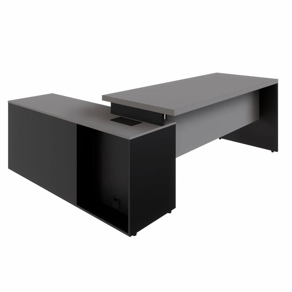 Mesa Dinâmica 1,50m c/ Armário e Cx de Tomadas Pés Painel F5 Cor:Cinza Sagrado com Preto