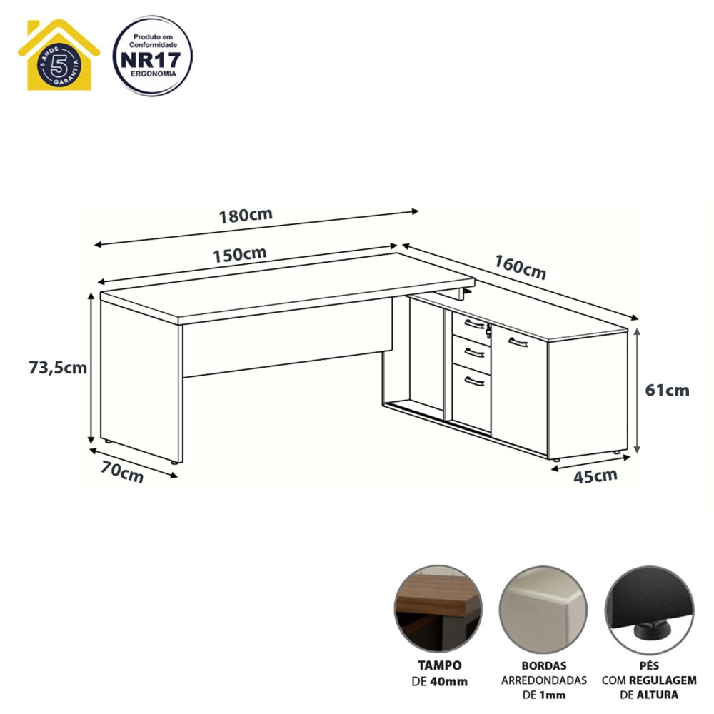 Mesa Dinâmica 1,50m c/ Armário e Cx de Tomadas Pés Painel F5 Cor:Cinza Sagrado com Preto
