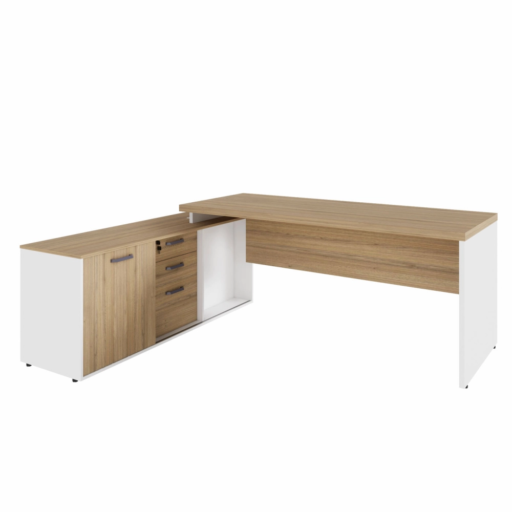 Mesa Dinâmica 1,50m c/ Armário e Cx de Tomadas Pés Painel F5 Cor:Macadâmia com Branco