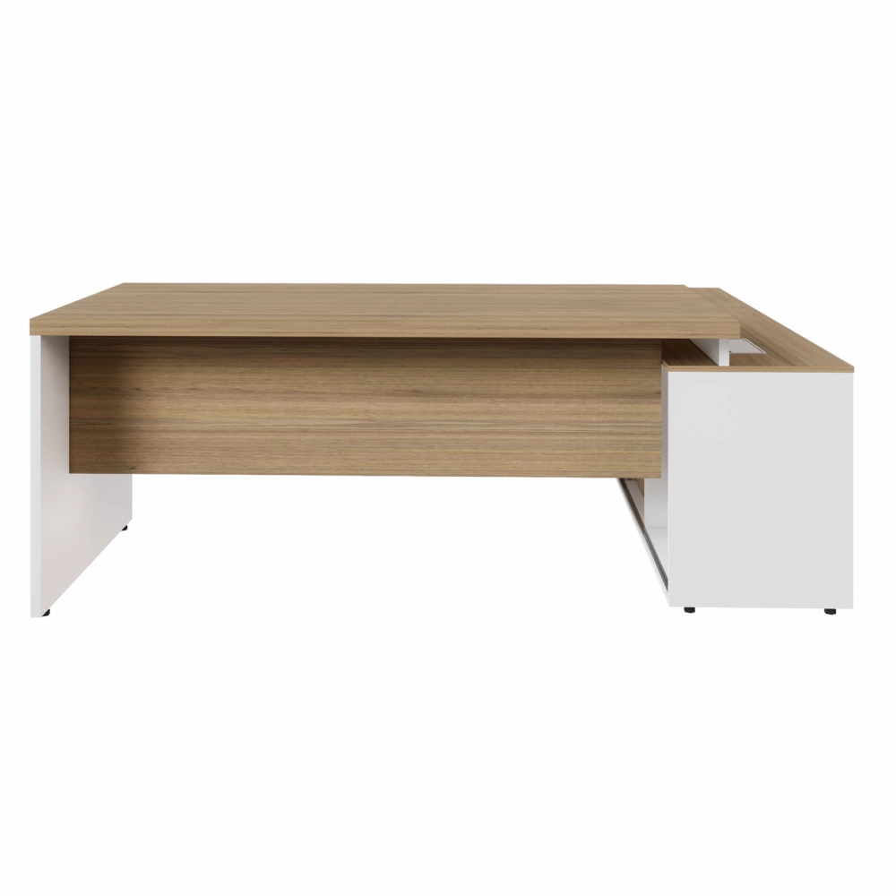 Mesa Dinâmica 1,50m c/ Armário e Cx de Tomadas Pés Painel F5 Cor:Macadâmia com Branco