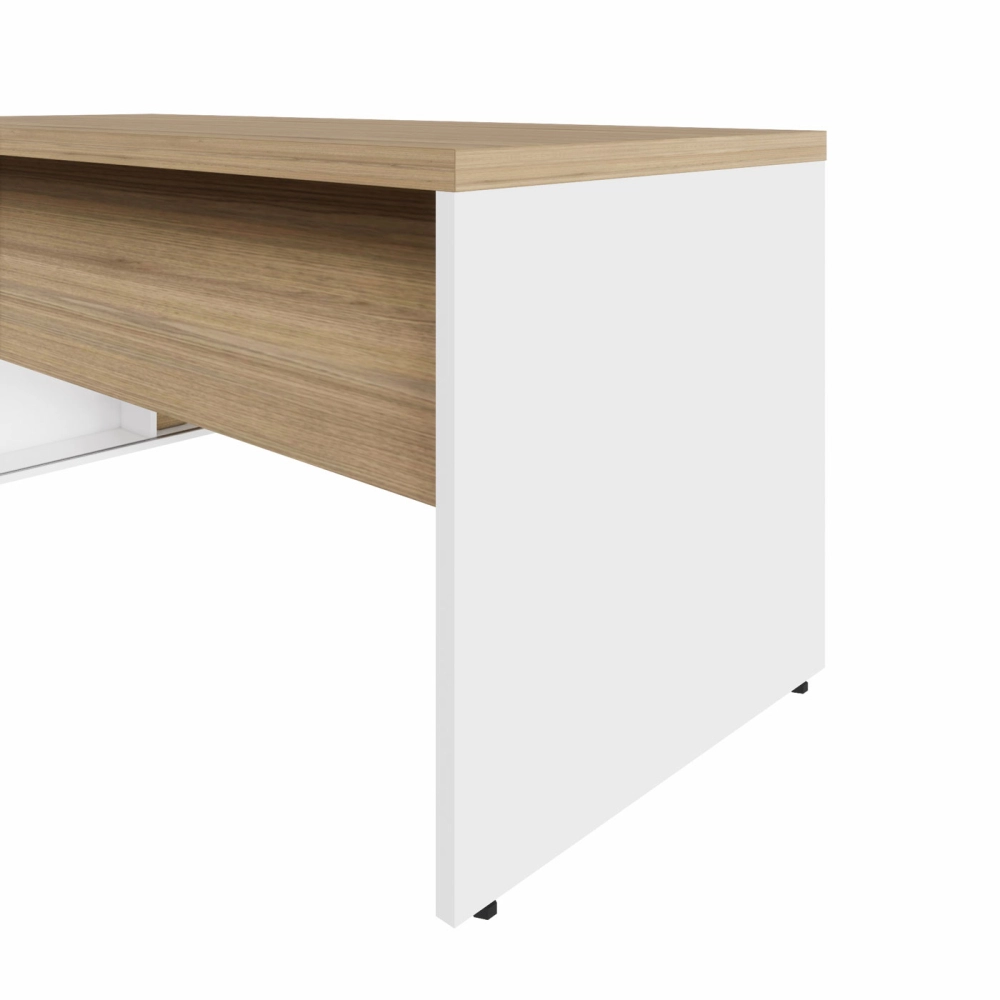 Mesa Dinâmica 1,50m c/ Armário e Cx de Tomadas Pés Painel F5 Cor:Macadâmia com Branco