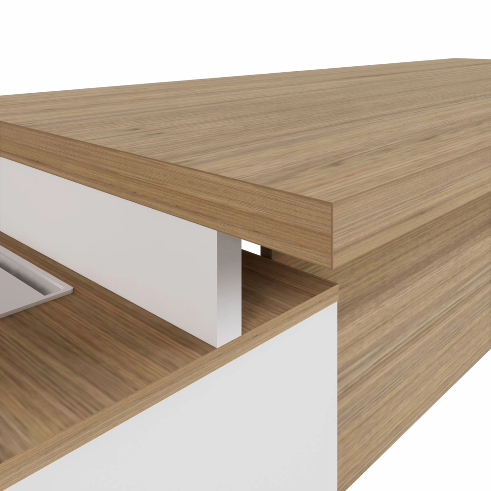Mesa Dinâmica 1,50m c/ Armário e Cx de Tomadas Pés Painel F5 Cor:Macadâmia com Branco