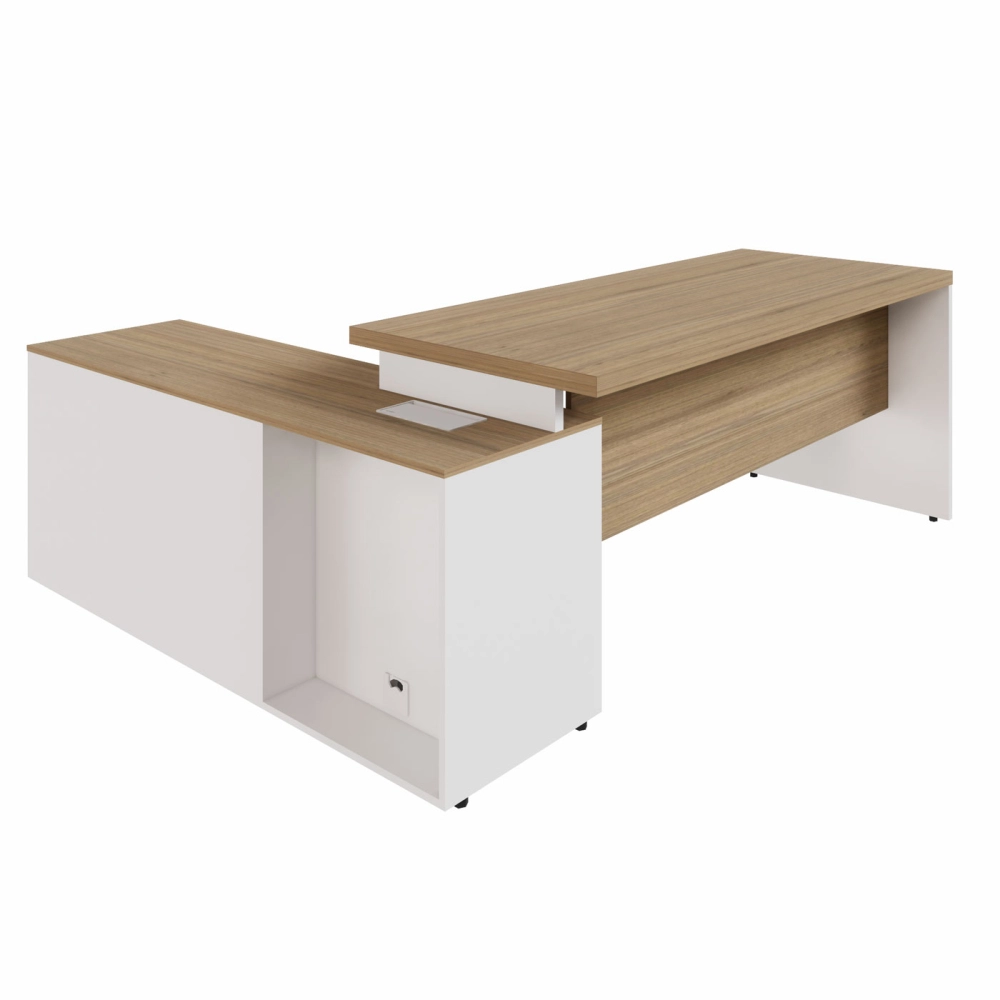 Mesa Dinâmica 1,50m c/ Armário e Cx de Tomadas Pés Painel F5 Cor:Macadâmia com Branco