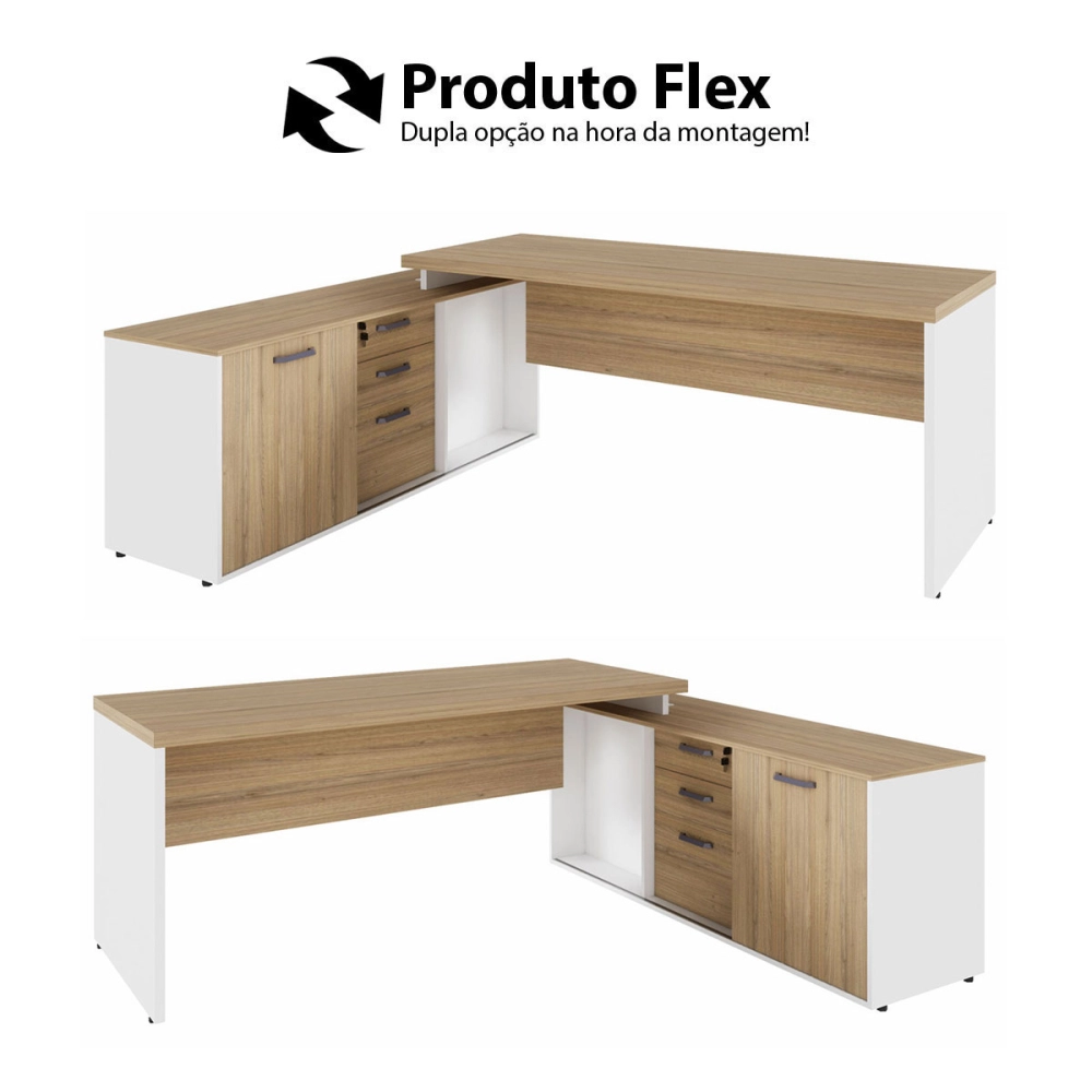 Mesa Dinâmica 1,50m c/ Armário e Cx de Tomadas Pés Painel F5 Cor:Macadâmia com Branco