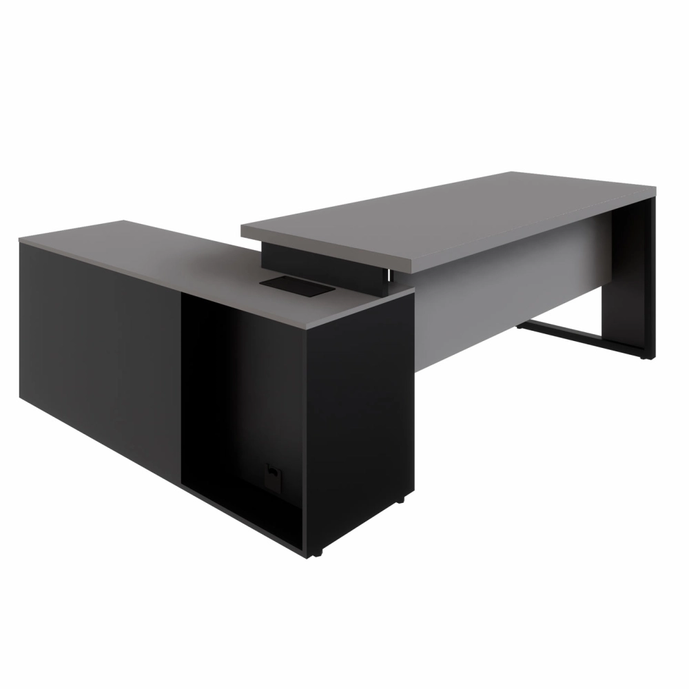 Mesa Dinâmica 1,70m c/ Armário e Cx de Tomadas Pés Metal F5 Cor:Cinza Sagrado com Preto