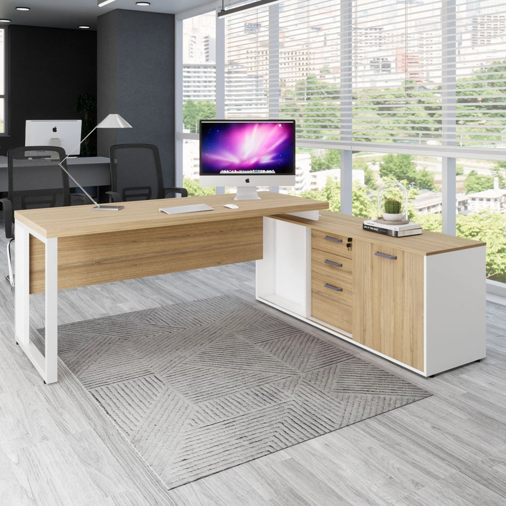 Mesa Dinâmica 1,70m c/ Armário e Cx de Tomadas Pés Metal F5 Cor:Macadâmia com Branco