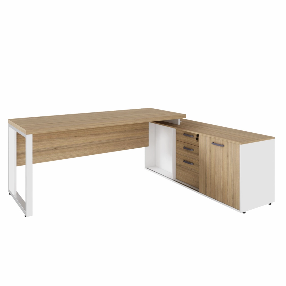 Mesa Dinâmica 1,70m c/ Armário e Cx de Tomadas Pés Metal F5 Cor:Macadâmia com Branco