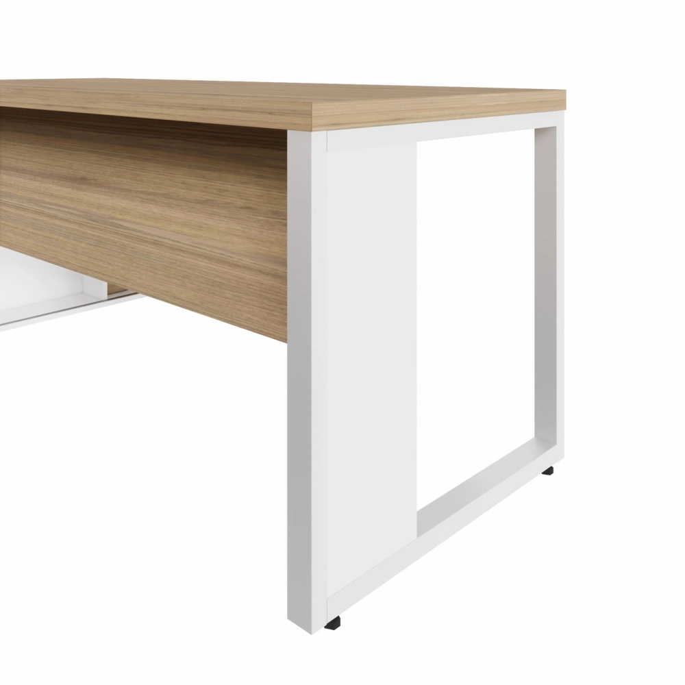 Mesa Dinâmica 1,70m c/ Armário e Cx de Tomadas Pés Metal F5 Cor:Macadâmia com Branco