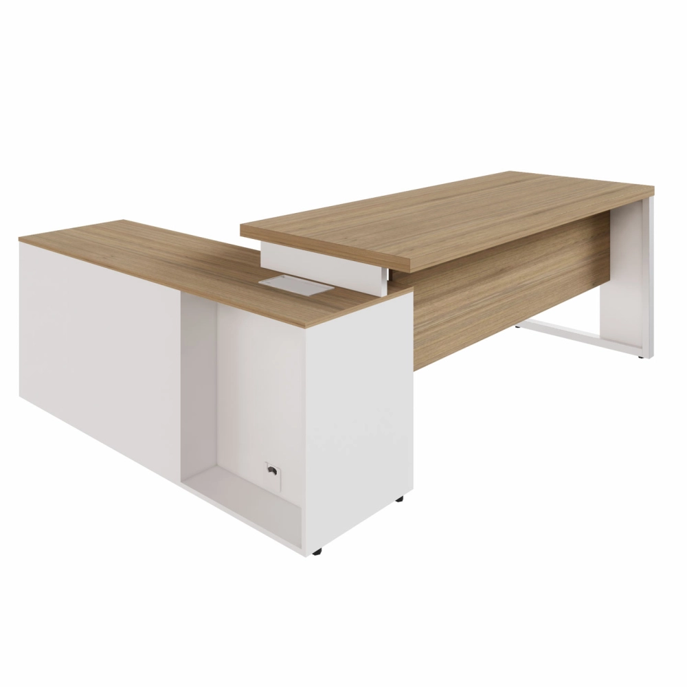 Mesa Dinâmica 1,70m c/ Armário e Cx de Tomadas Pés Metal F5 Cor:Macadâmia com Branco